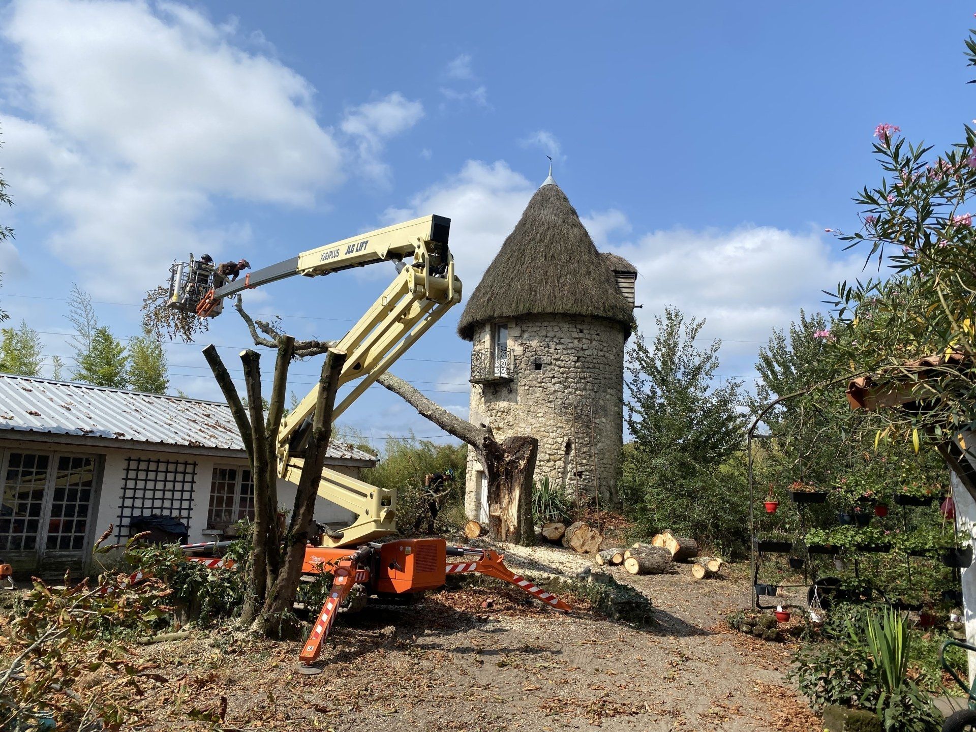 Elagage devant un moulin