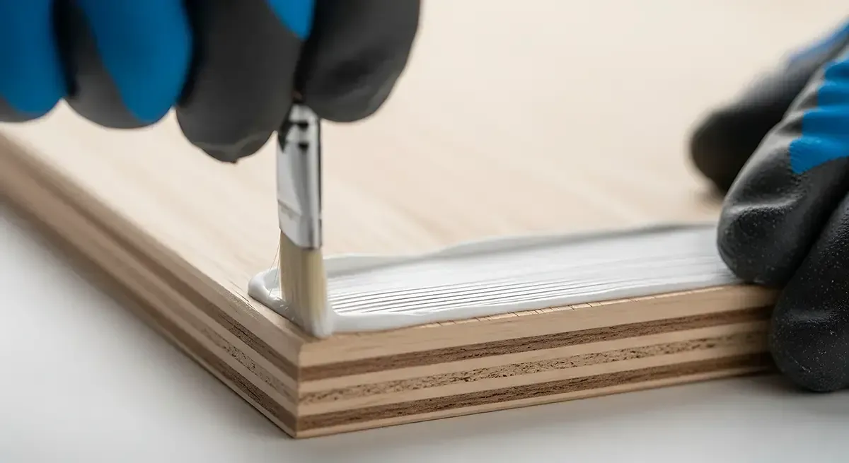 Eine Person  verteilt mit einem Pinsel weißen Holzleim auf der Kante eines Stücks Sperrholz.