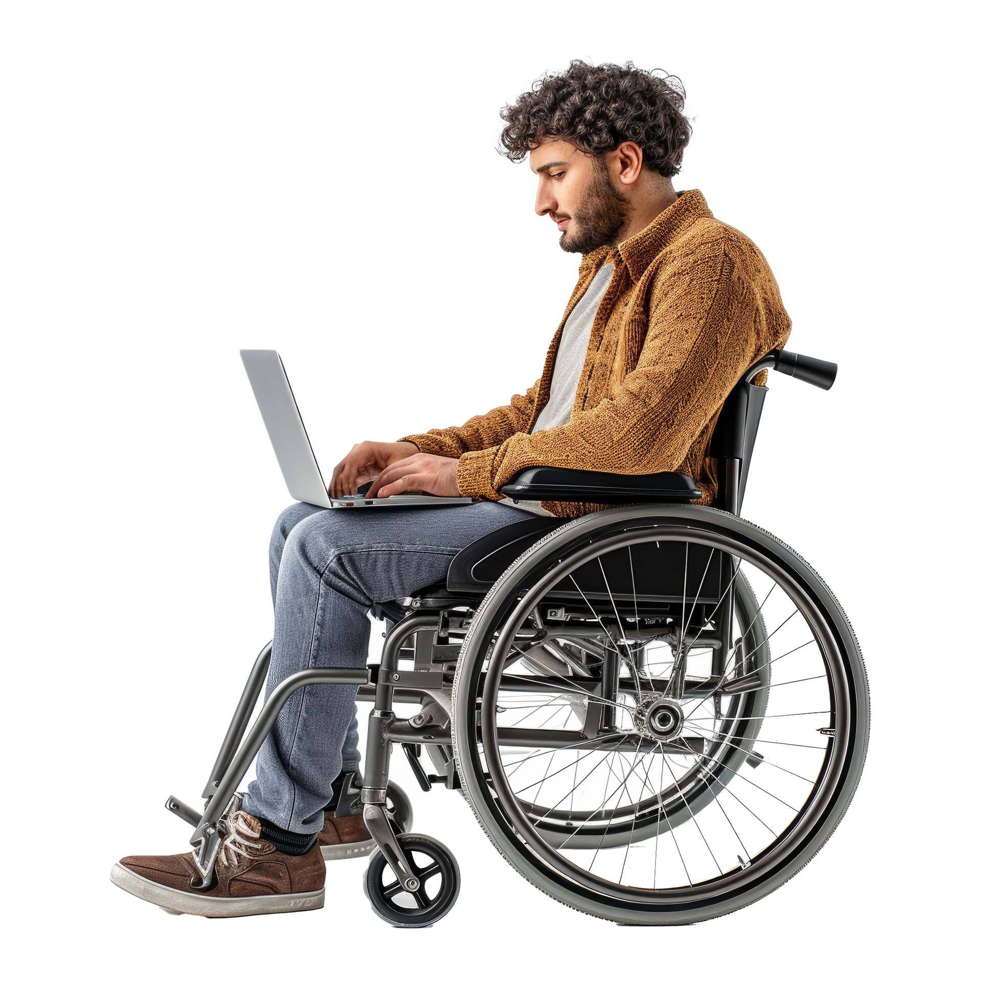 Homme sur un fauteuil roulant avec un ordinateur portable sur les genoux