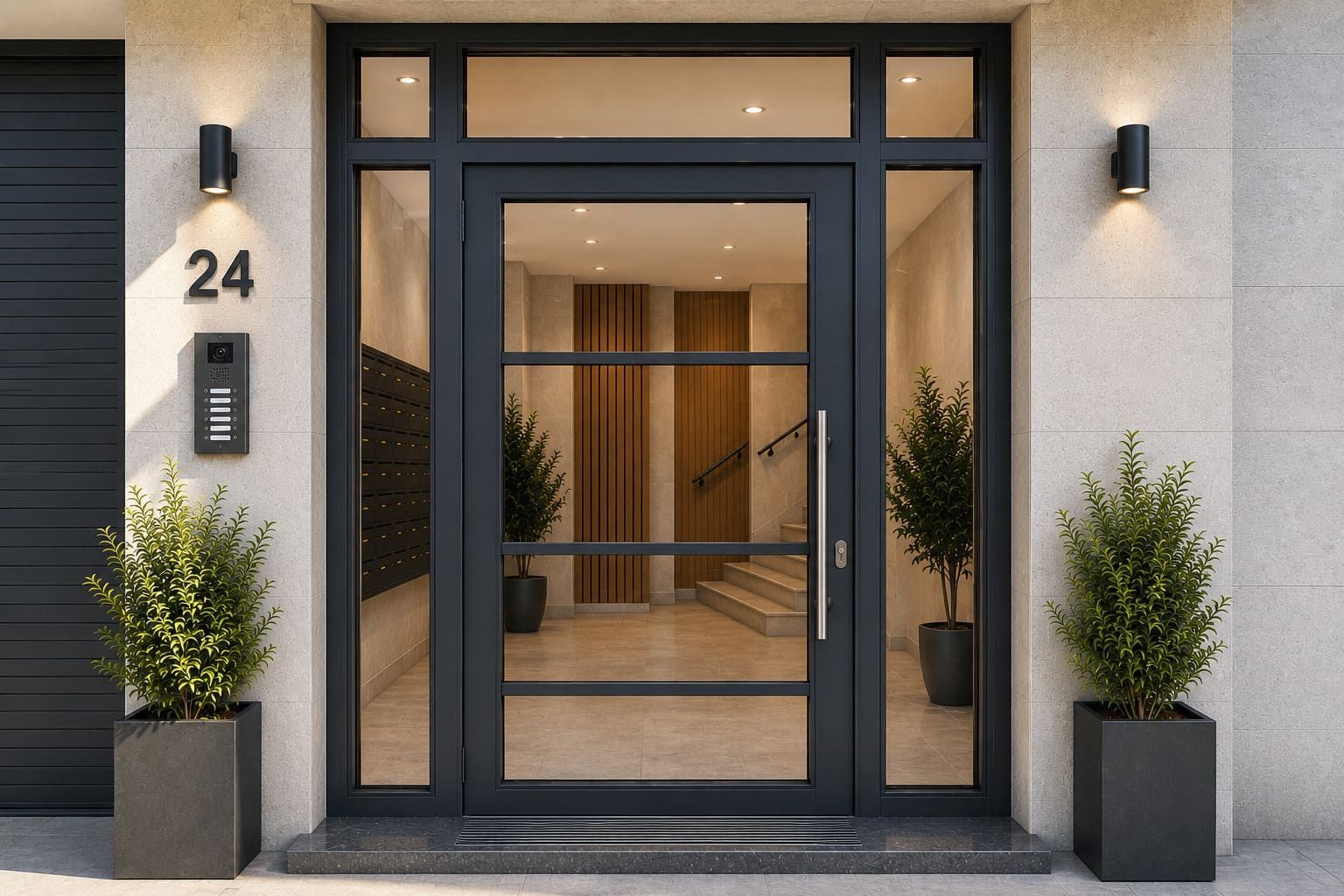 Entrada moderna al edificio con puertas dobles de cristal, molduras negras, apliques de pared y plantas en macetas junto a la puerta.