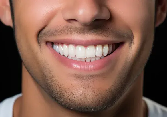 Un primer plano de la sonrisa de un hombre con dientes blancos.