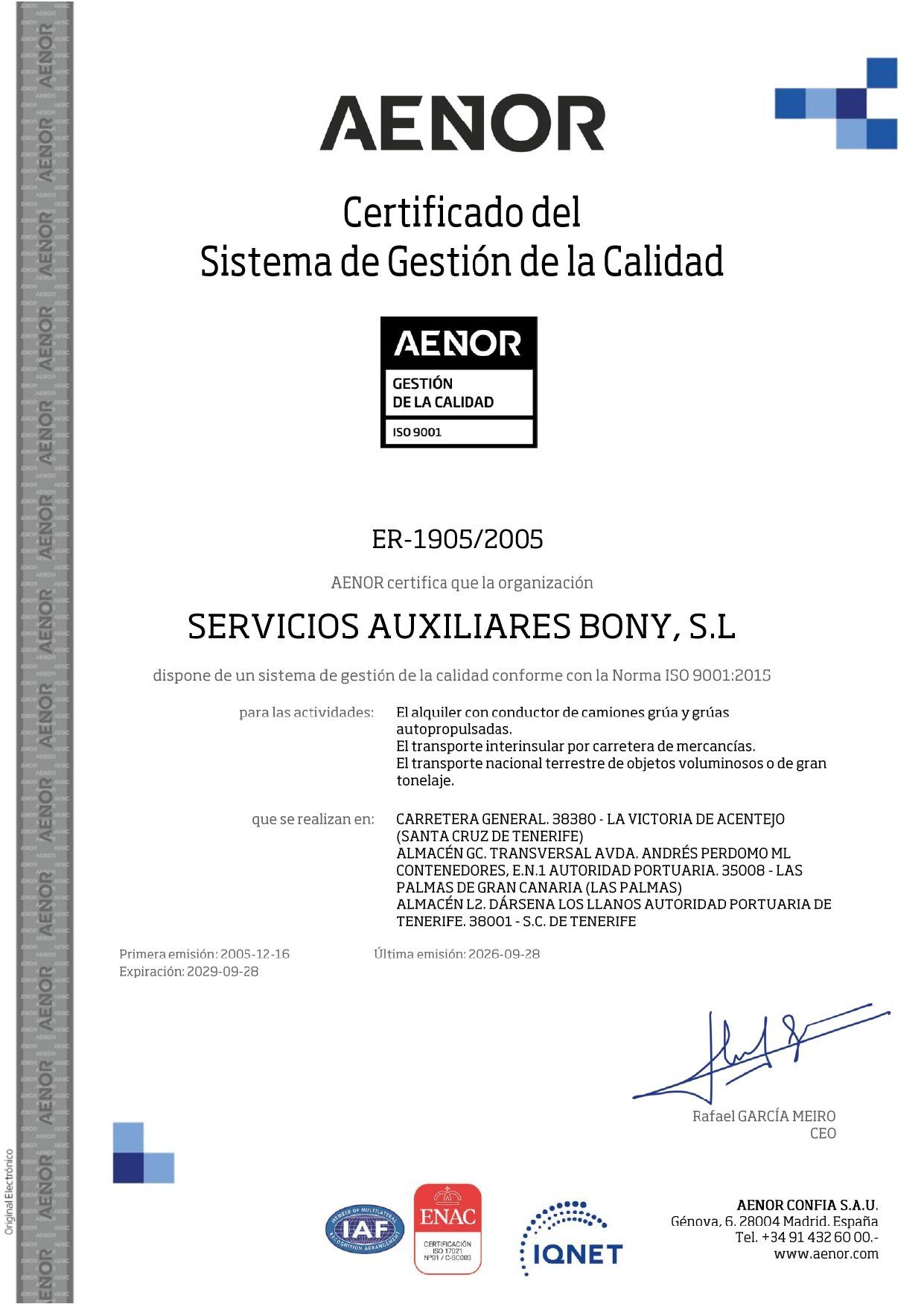 Certificado de gestión de calidad AENOR en una página blanca con texto negro y detalles azules.