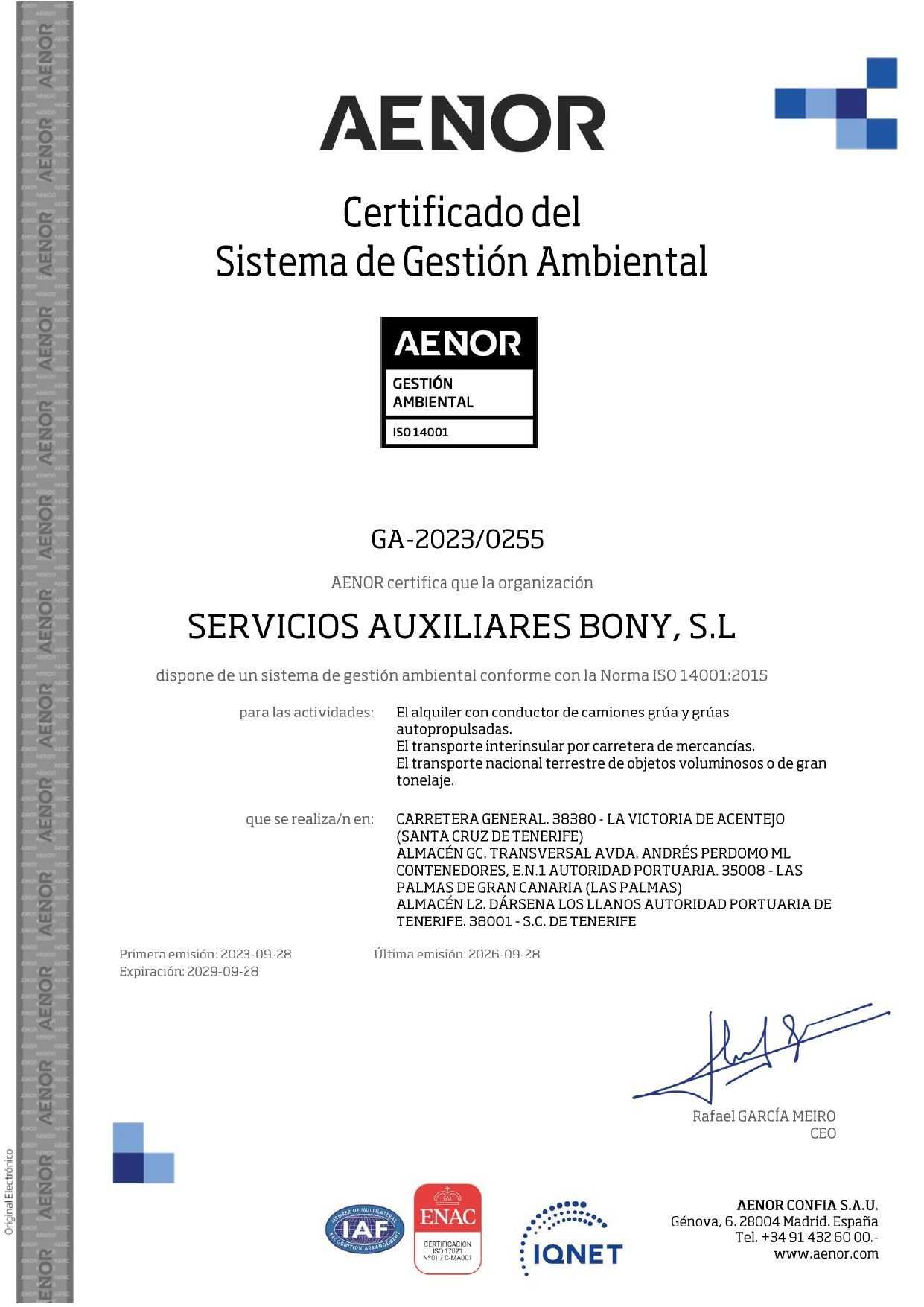 Certificado AENOR del sistema de gestión ambiental para Servicios Auxiliares Bonvi, SL