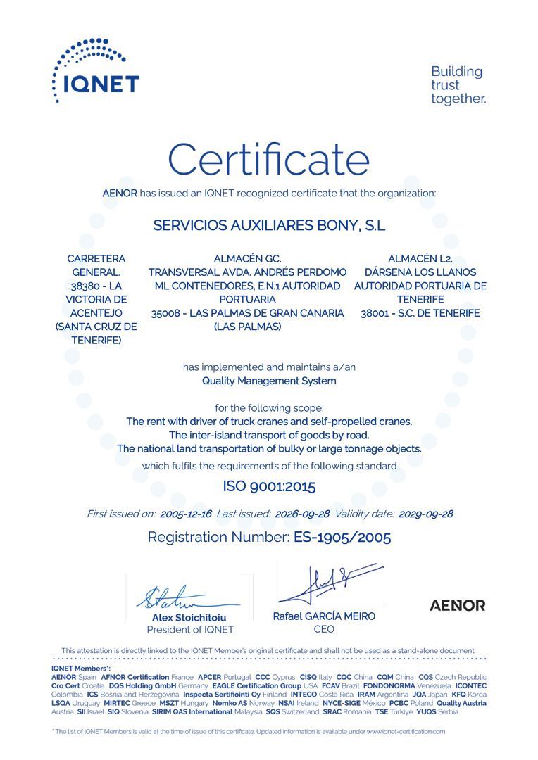 Documento certificado en azul y blanco con los datos de la empresa y las firmas, titulado “Certificado”.