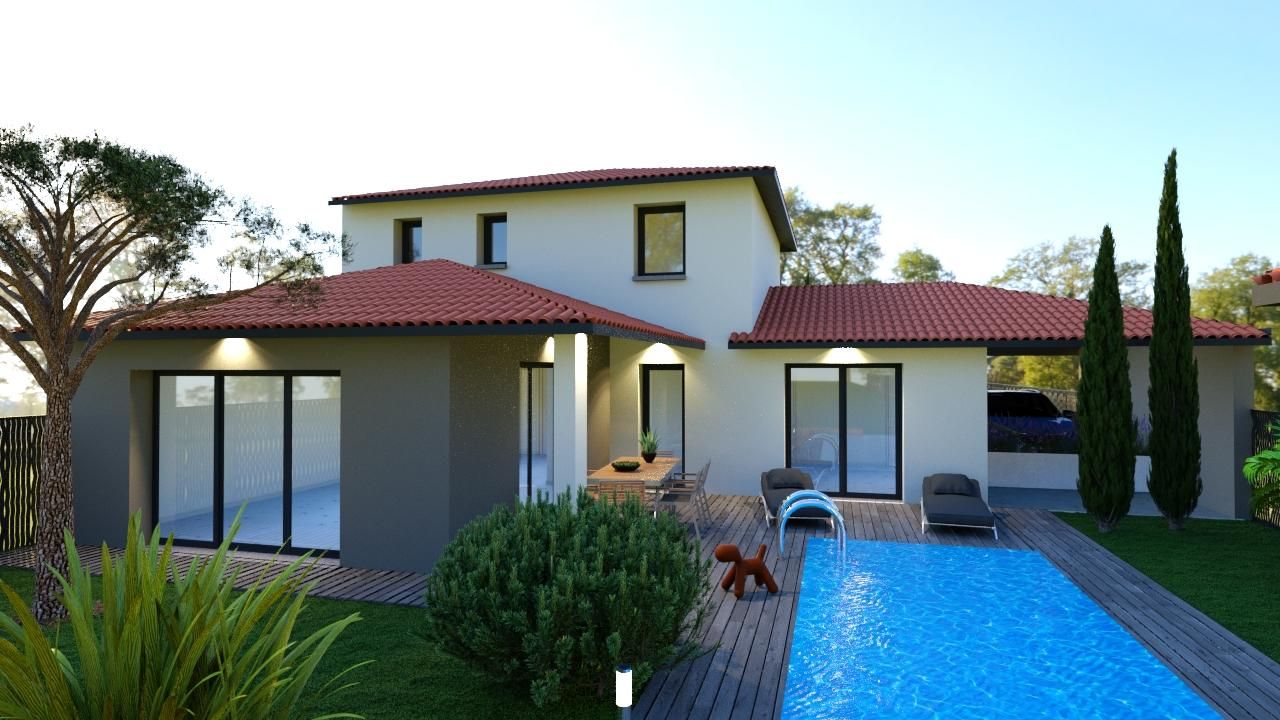 Maison bioclimatique avec terrasse et piscine en 3D