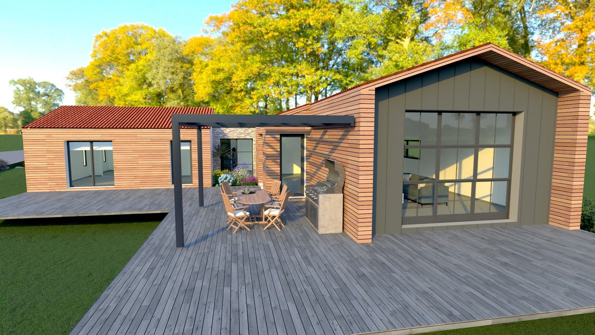 Visualisation d'une maison avec terrasse en bois