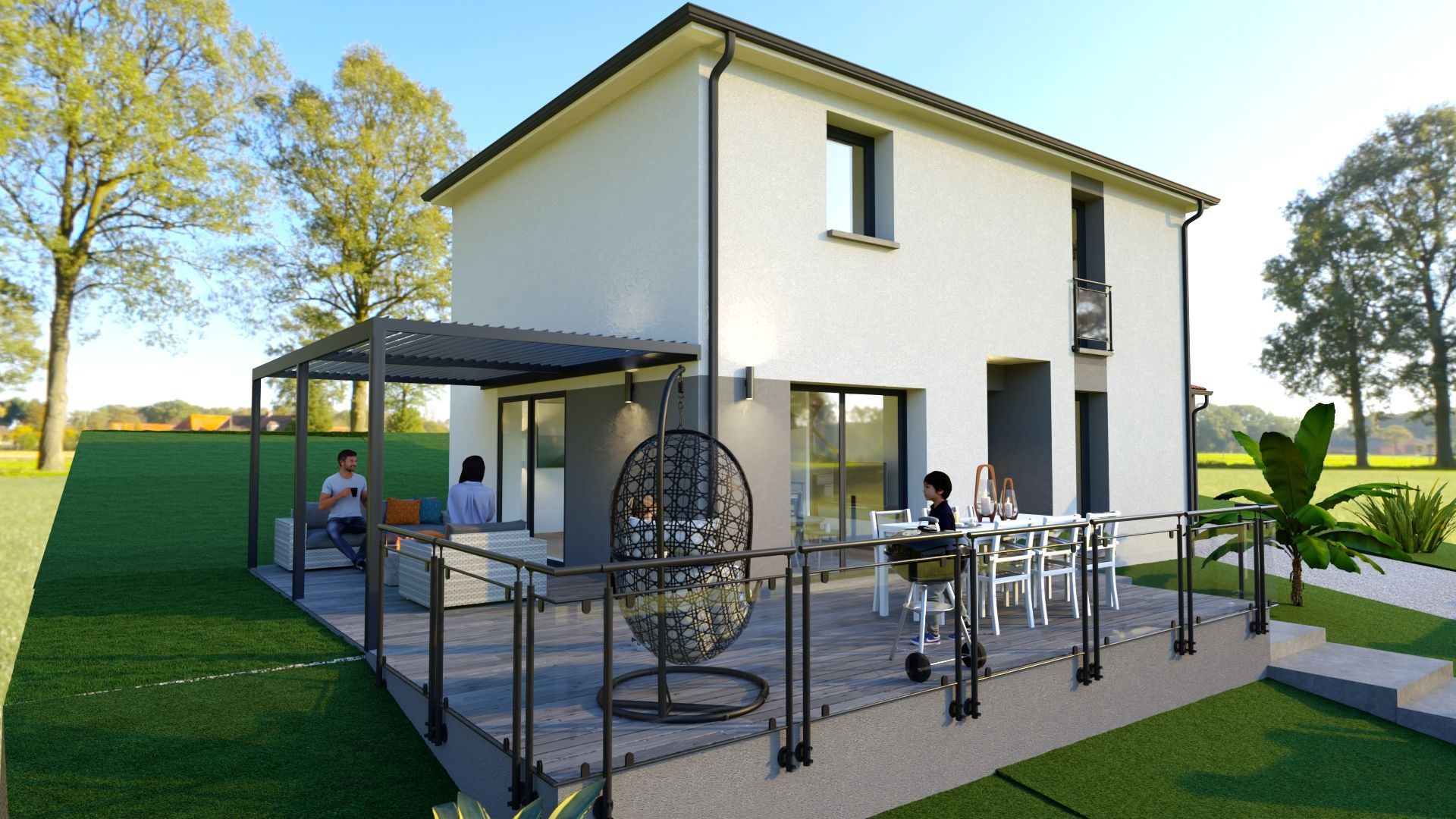 Vue sur une terrasse avec pergola et coin détente en 3D
