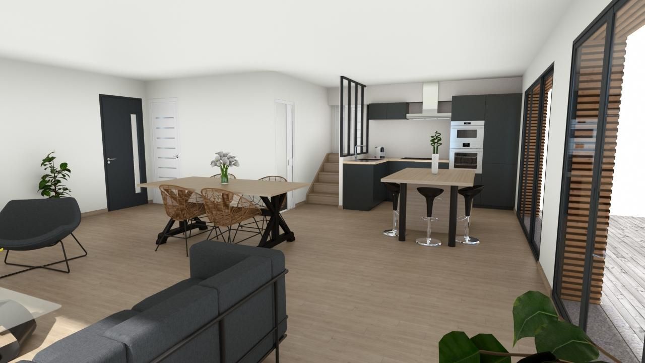 Vue sur une cuisine ouverte depuis le canapé du salon en 3D