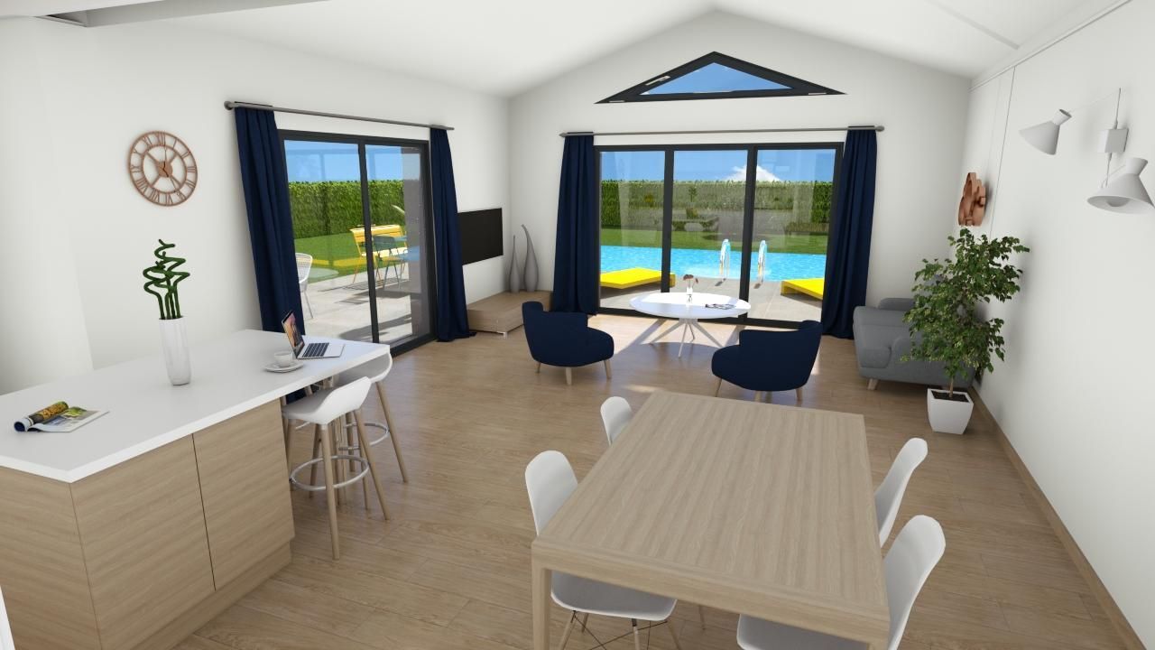 Conception 3D d'une grande maison avec cuisine ouverte sur séjour avec vue sur la piscine et le jardin via de grandes baies vitrées