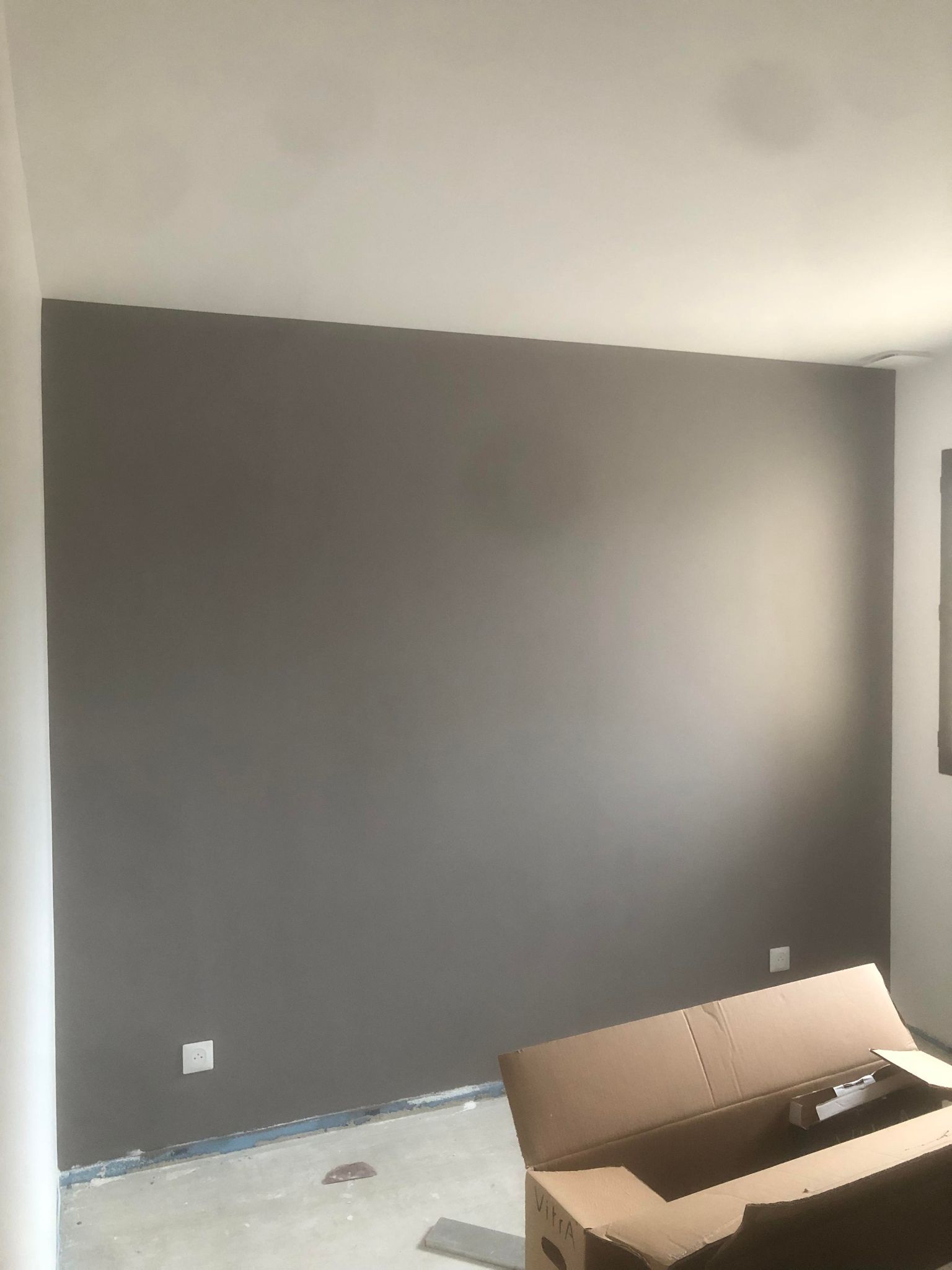 Une pièce avec un mur d'accent gris, une boîte en carton au premier plan, des murs blancs et un plafond blanc.