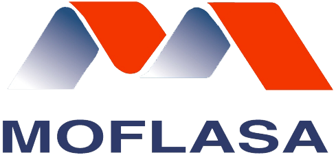 Logotipo con una "M" abstracta en azul y rojo sobre la palabra "MOFLASA" en tipografía azul marino.