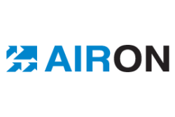 Logotipo AIRON azul y negro con icono de flecha abstracto.