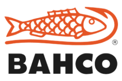 Logotipo de Bahco: un pez naranja en un anzuelo sobre el nombre de la marca en negrita y letra negra.