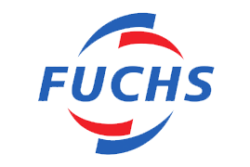 Logotipo FUCHS azul y rojo con líneas curvas.