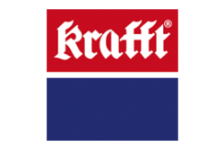 Logotipo de Krafft con texto blanco sobre un rectángulo rojo sobre un rectángulo azul.