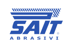 Logotipo azul de SAIT Abrasivi con texto estilizado y formas geométricas.
