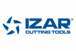 Logotipo de IZAR Cutting Tools, texto azul y forma de estrella, fondo blanco.