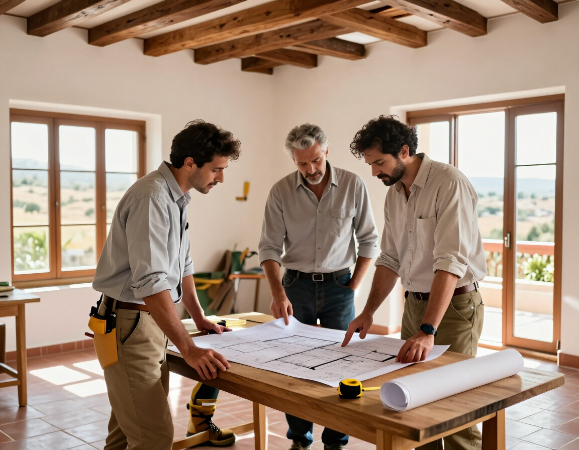 Tres personas revisan planos en una mesa de madera, en una habitación soleada con vigas a la vista