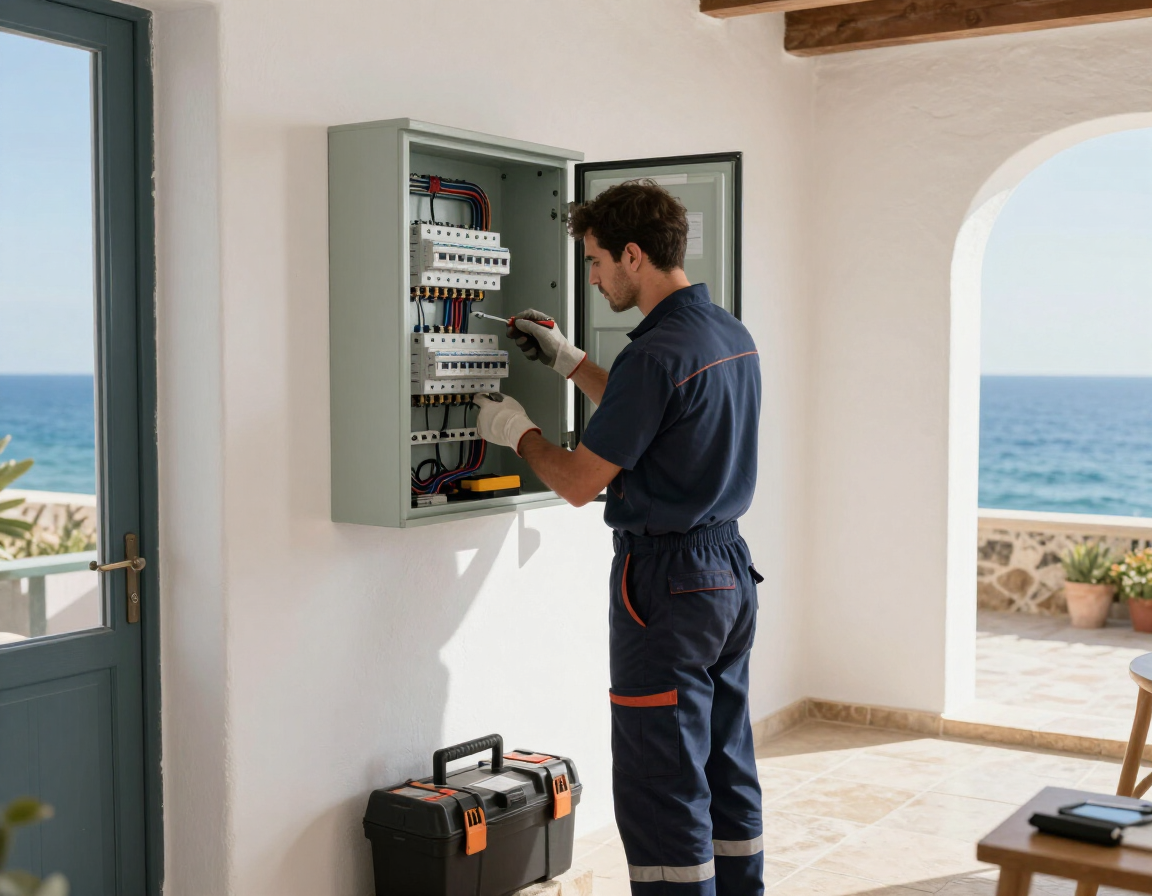 Un técnico trabajando en un cuadro eléctrico en una habitación junto al mar