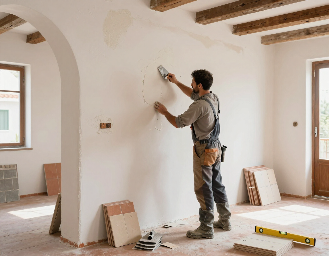 Trabajador lijando una pared blanca en una habitación a medio terminar, con vigas a la vista y herramientas en el suelo