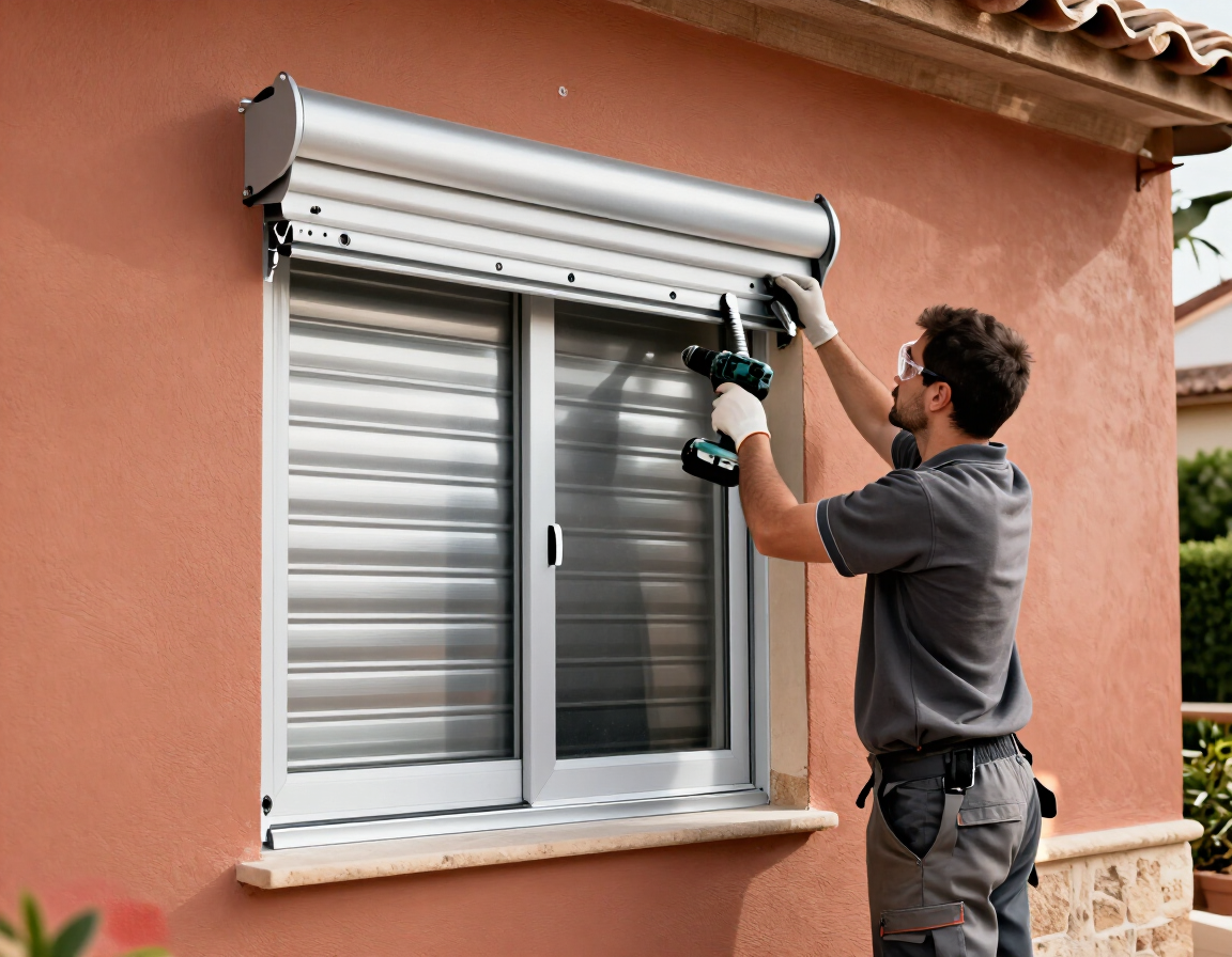 Un trabajador instala una persiana enrollable en la ventana de una casa color melocotón con un taladro