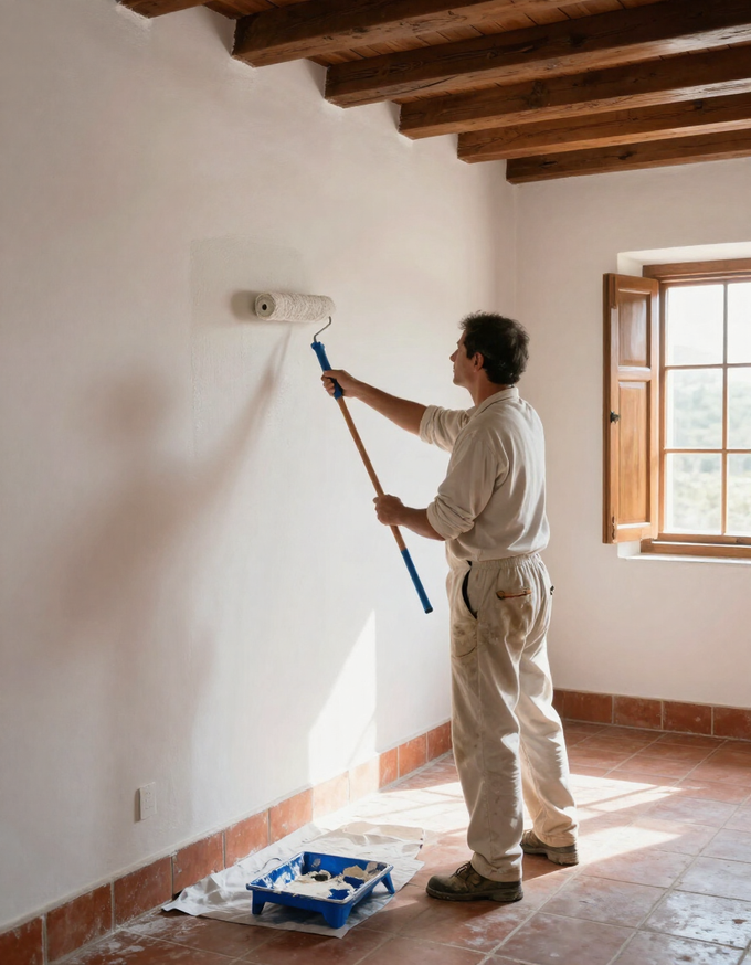 Una persona pinta una pared blanca en el interior con un rodillo, junto a una ventana y una bandeja de pintura en el suelo