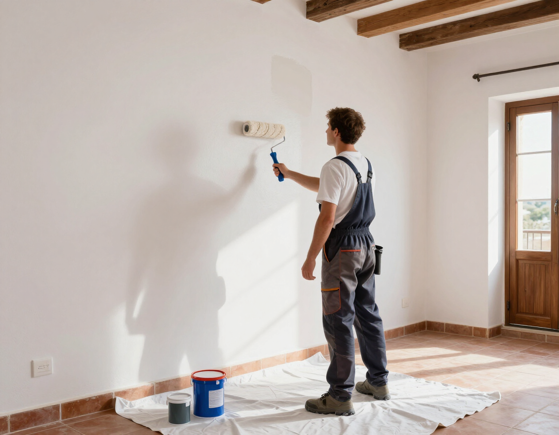 Una persona pintando una pared blanca en una habitación luminosa, de pie sobre un protector de suelo con los materiales de pintura cerca.
