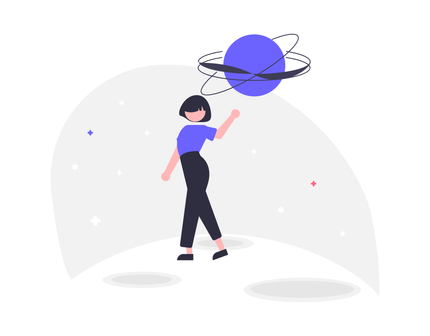 Una mujer sostiene un planeta morado delante de su cabeza.