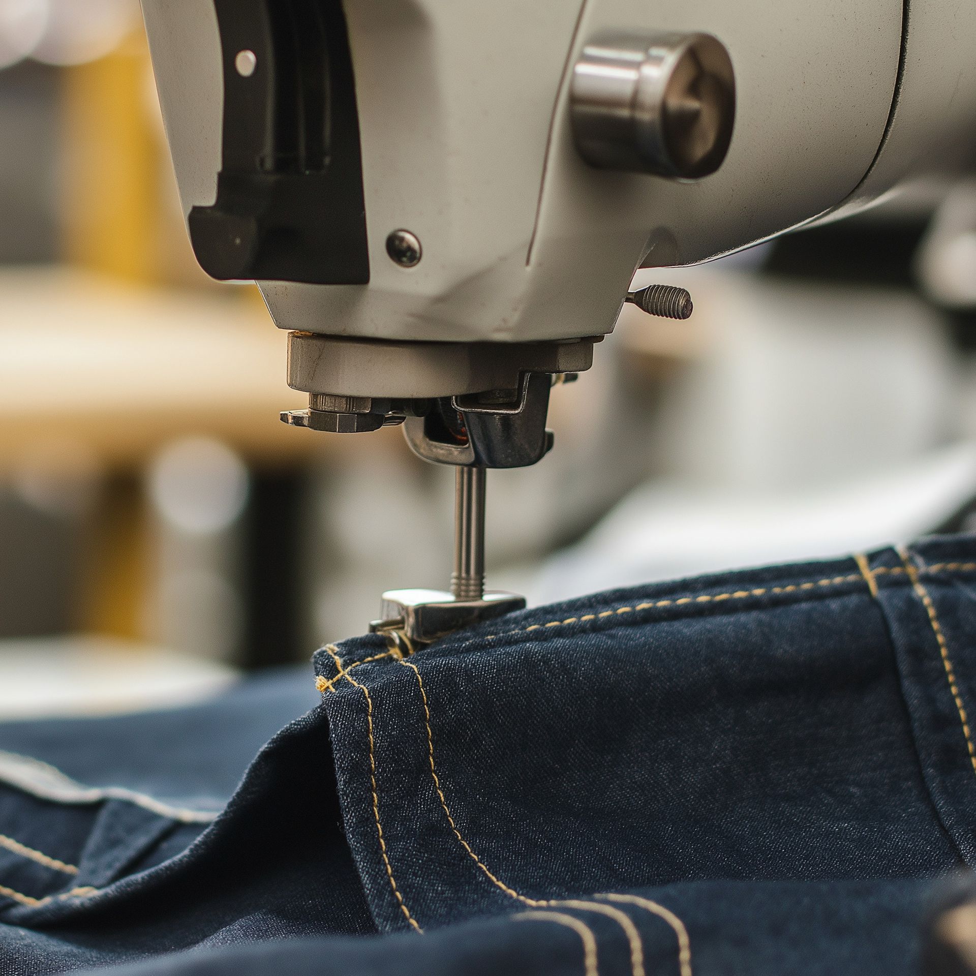Eine Nähmaschine näht eine Bluejeans.