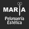 Logotipo de la peluquer&iacute;a Mar&iacute;a: texto blanco y tijeras sobre fondo negro. El texto dice "MARIA" y "Peluquer&iacute;a Est&eacute;tica".