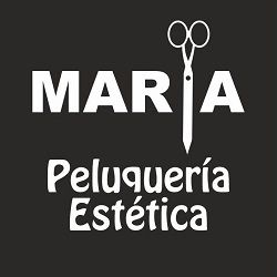 Logotipo de la peluquer&iacute;a Mar&iacute;a: texto blanco y tijeras sobre fondo negro. El texto dice "MARIA" y "Peluquer&iacute;a Est&eacute;tica".
