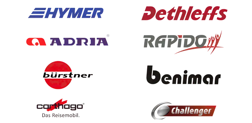 Logotipos de marcas de furgonetas camper: Hymer, Dethleffs, Adria, Rapido, Burstner, Benimar, Carthago, Challenger.