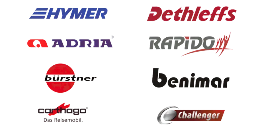 Logotipos de marcas de furgonetas camper: Hymer, Dethleffs, Adria, Rapido, Burstner, Benimar, Carthago, Challenger.