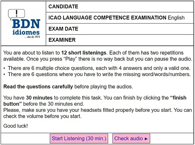 Candidato examen de competencia lingüística icao examen de inglés fecha examinador lea atentamente las preguntas antes de reproducir los audios