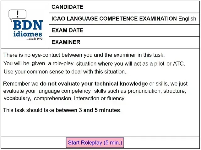 Candidato examen de competencia lingüística icao inglés fecha del examen examinador