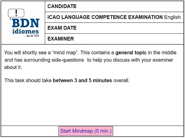 Candidato examen de competencia lingüística de la OACI fecha del examen de inglés examinador esta tarea debería tomar entre 3 y 5 minutos en total