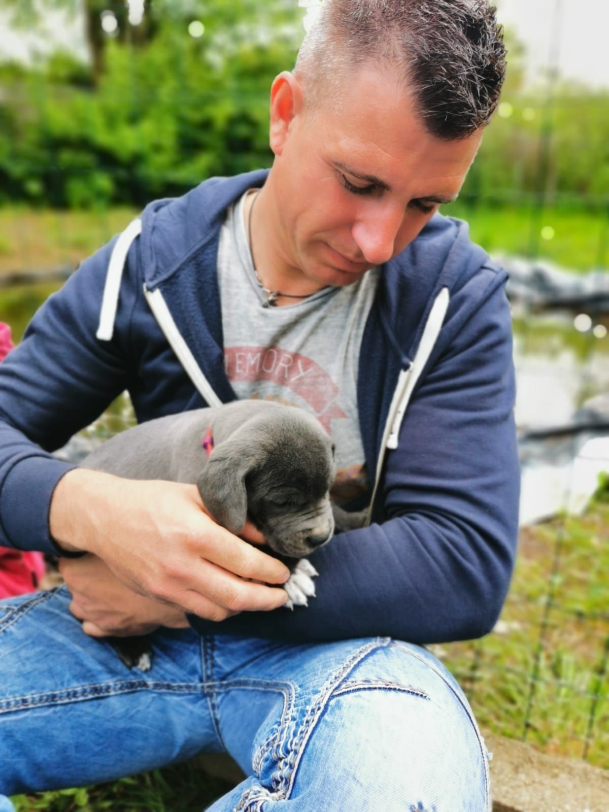 Ein Mann hält einen Welpen auf seinem Schoß.