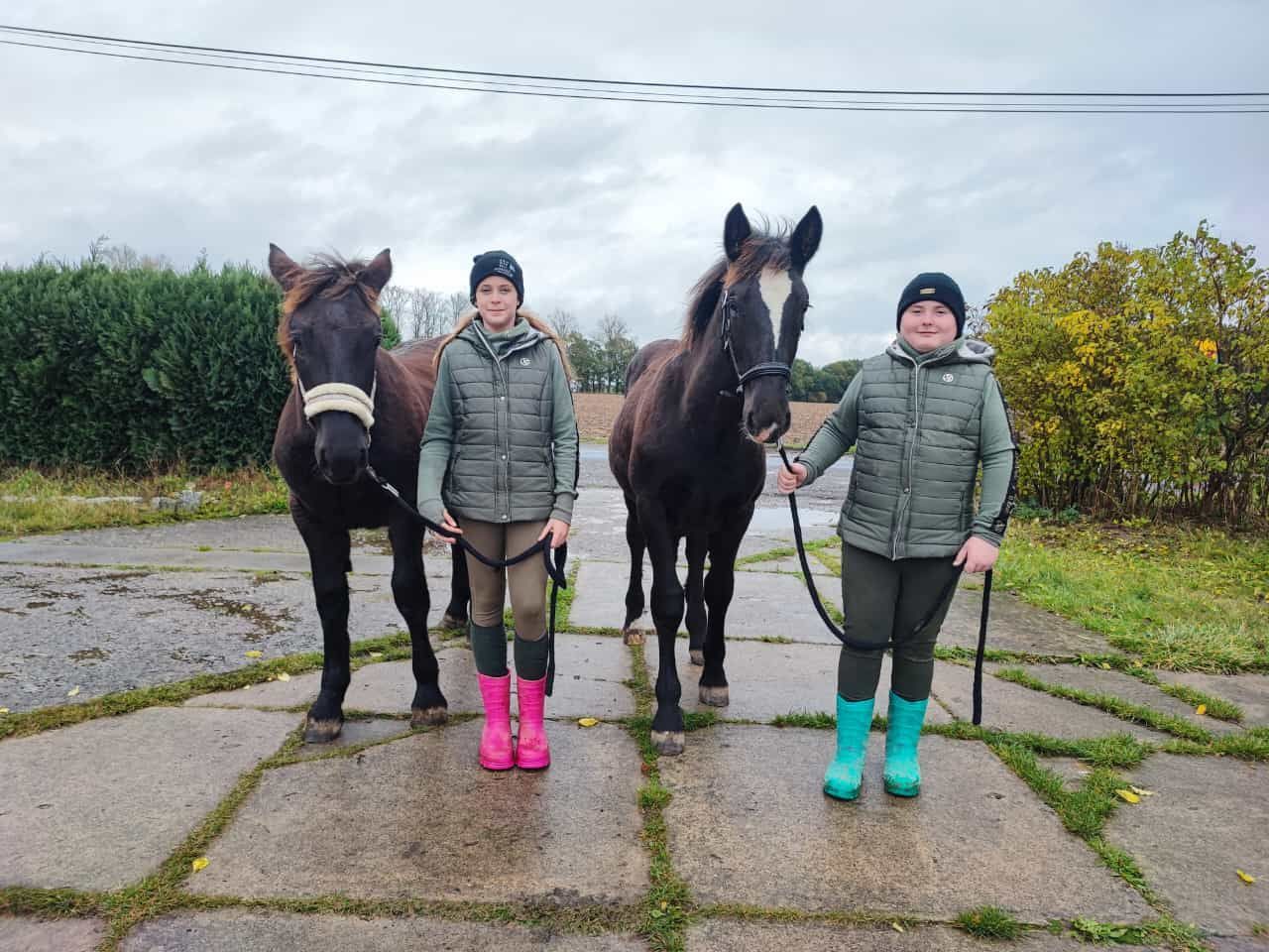 Zwei Frauen stehen neben zwei Pferden auf einem Bürgersteig.