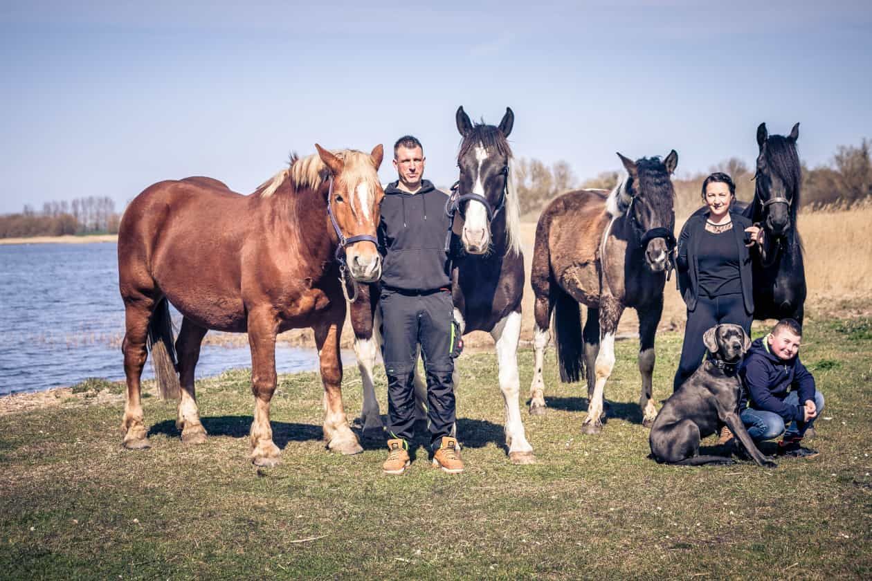 Eine Gruppe von Menschen steht neben Pferden auf einer Weide.