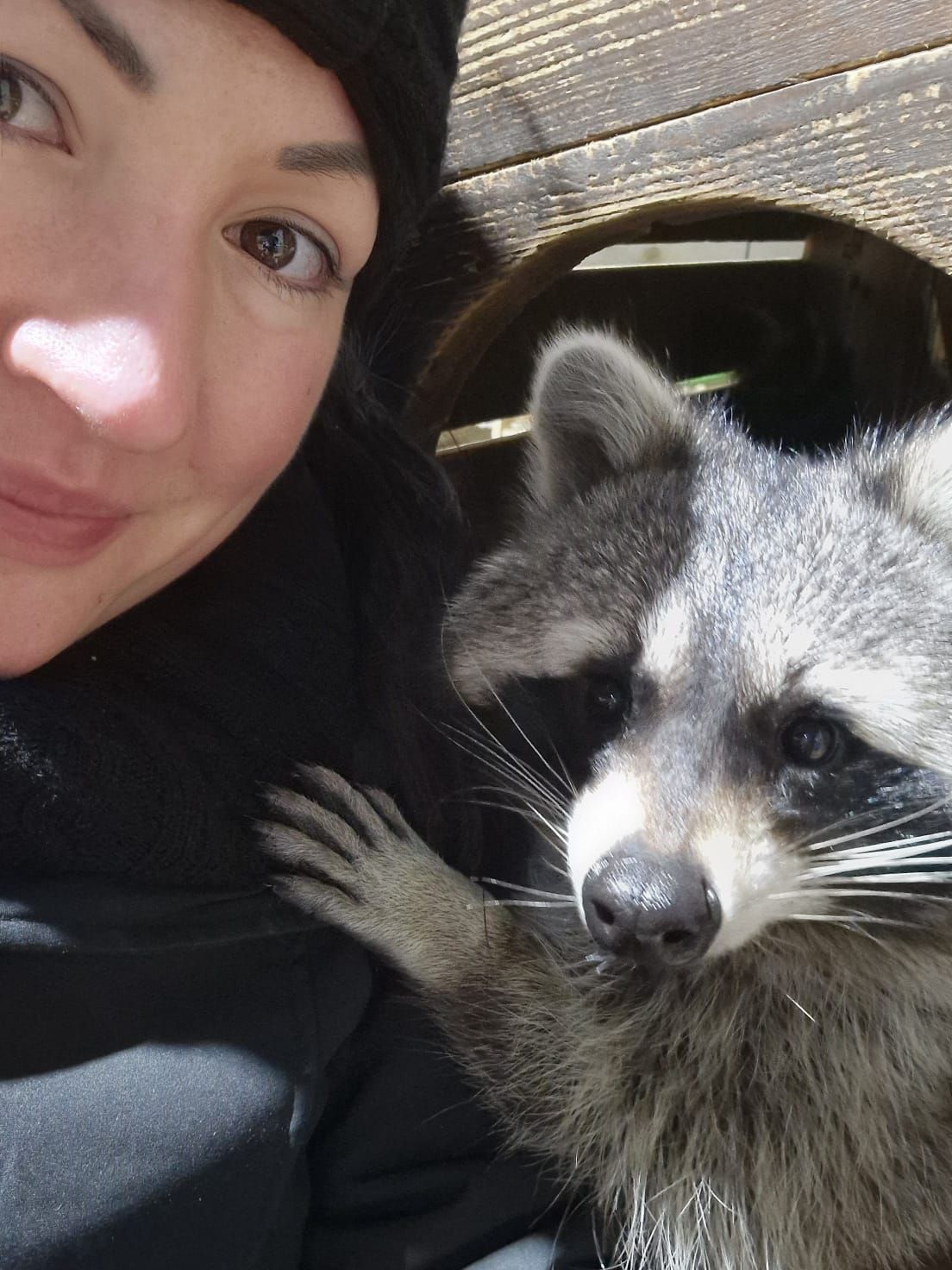 Eine Frau posiert für ein Foto mit einem Waschbären