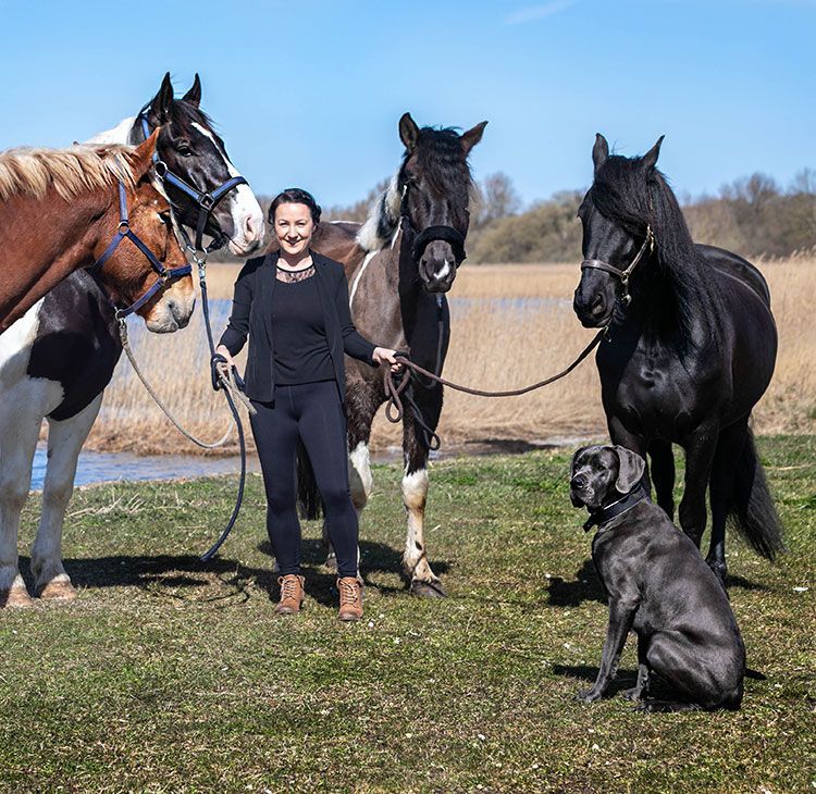 Eine Frau steht neben drei Pferden und einem Hund