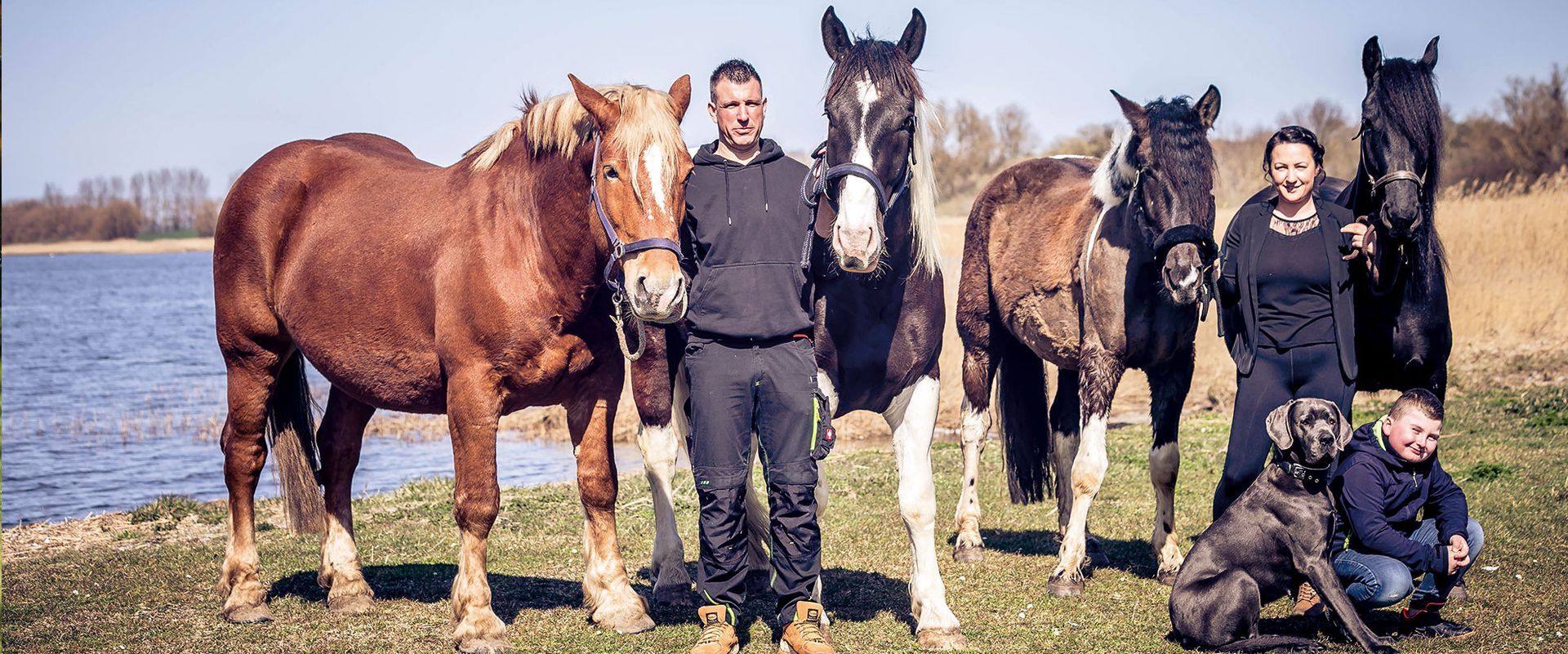 Eine Gruppe von Menschen steht neben Pferden auf einer Weide.