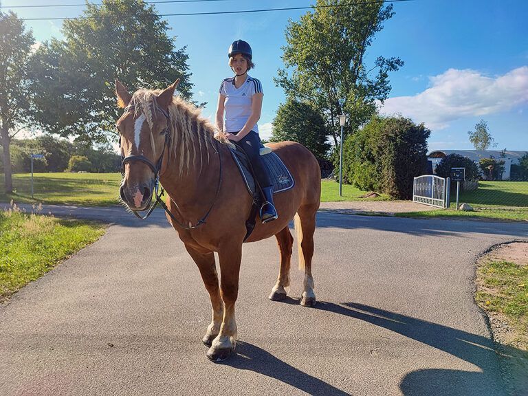 Eine Frau reitet auf einem braunen Pferd eine Straße entlang.