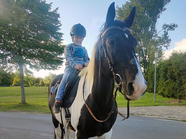 Ein kleiner Junge reitet auf dem Rücken eines schwarz-weißen Pferdes.