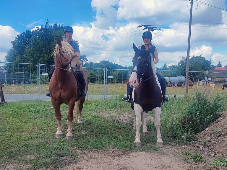 Zwei Personen reiten auf einer Weide.