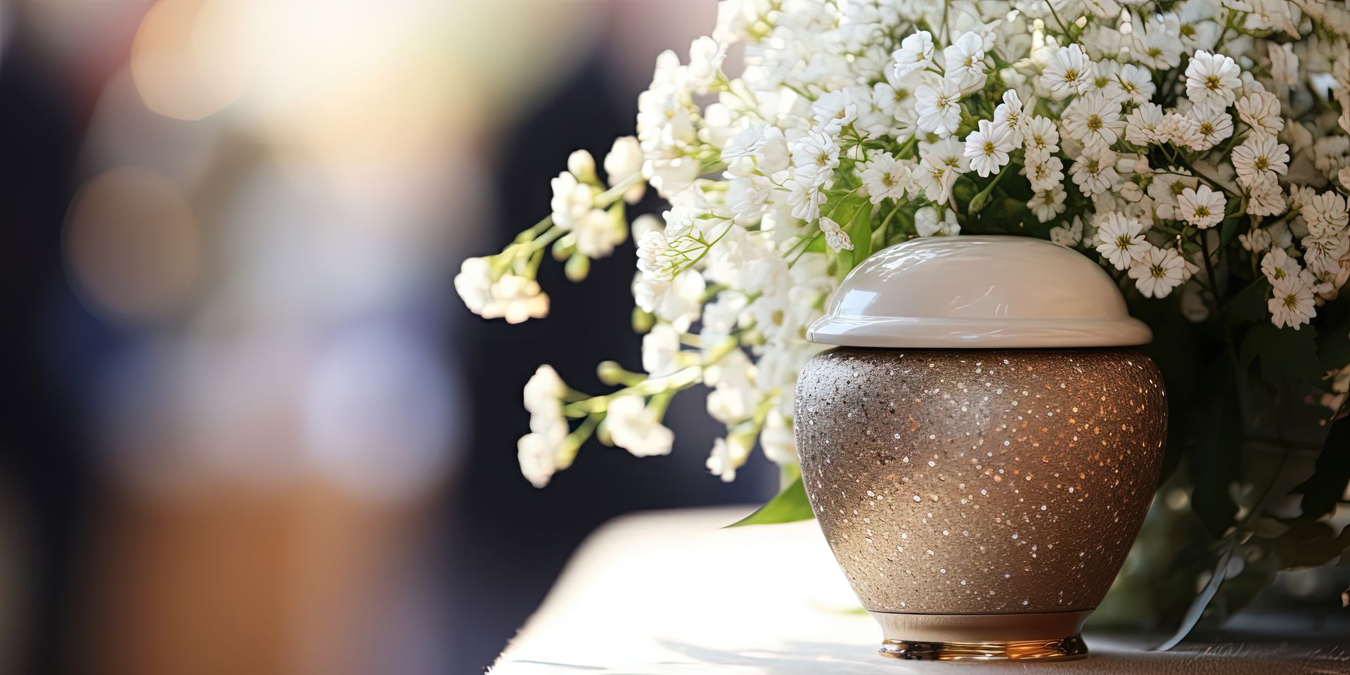 Urne avec des fleurs blanches