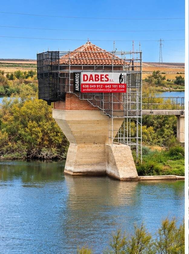 Presa en reparación con andamios y un letrero rojo de DABES sobre el río