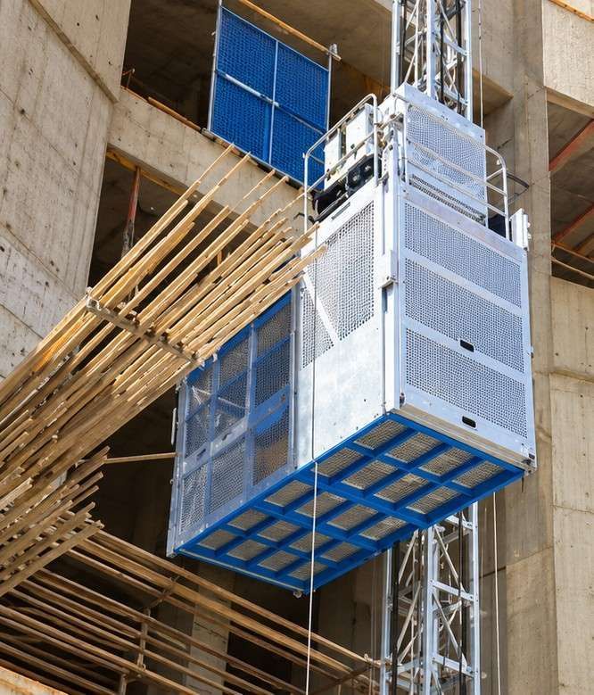 Edificio de ladrillo en construcción, con andamios y un terreno de tierra en primer plano bajo un cielo nublado