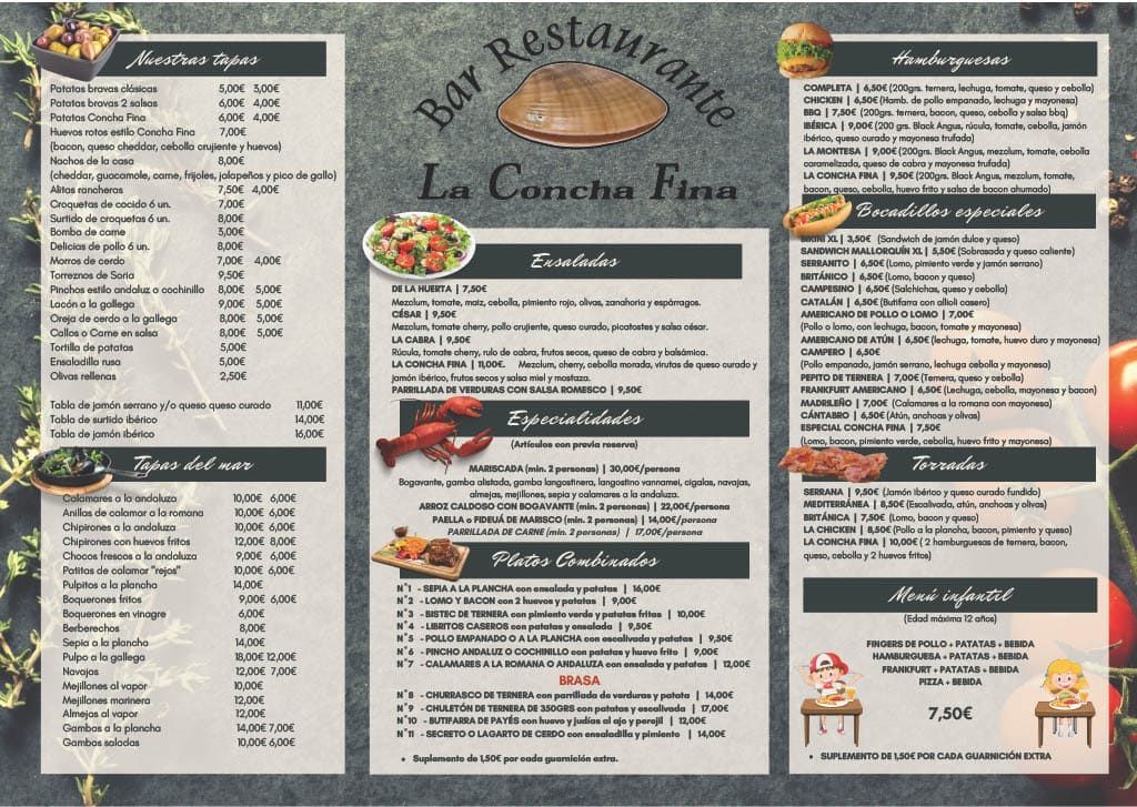 Carta del Bar Restaurante La Concha Fina