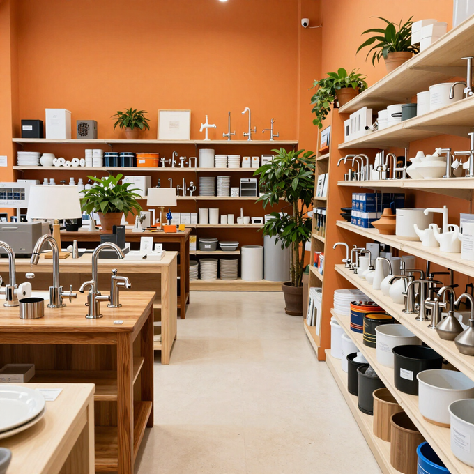 Luminosa tienda de artículos de cocina con estantes de madera, vajilla blanca y plantas en macetas sobre paredes naranjas.